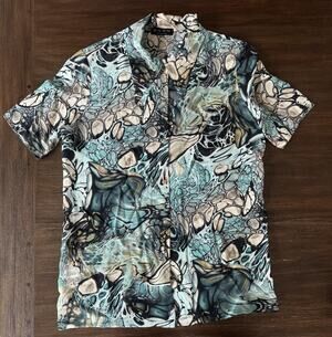 Shan 100% Silk Shirt Blouse Womens 4 XS Blue Abstract Print Short Sleeve